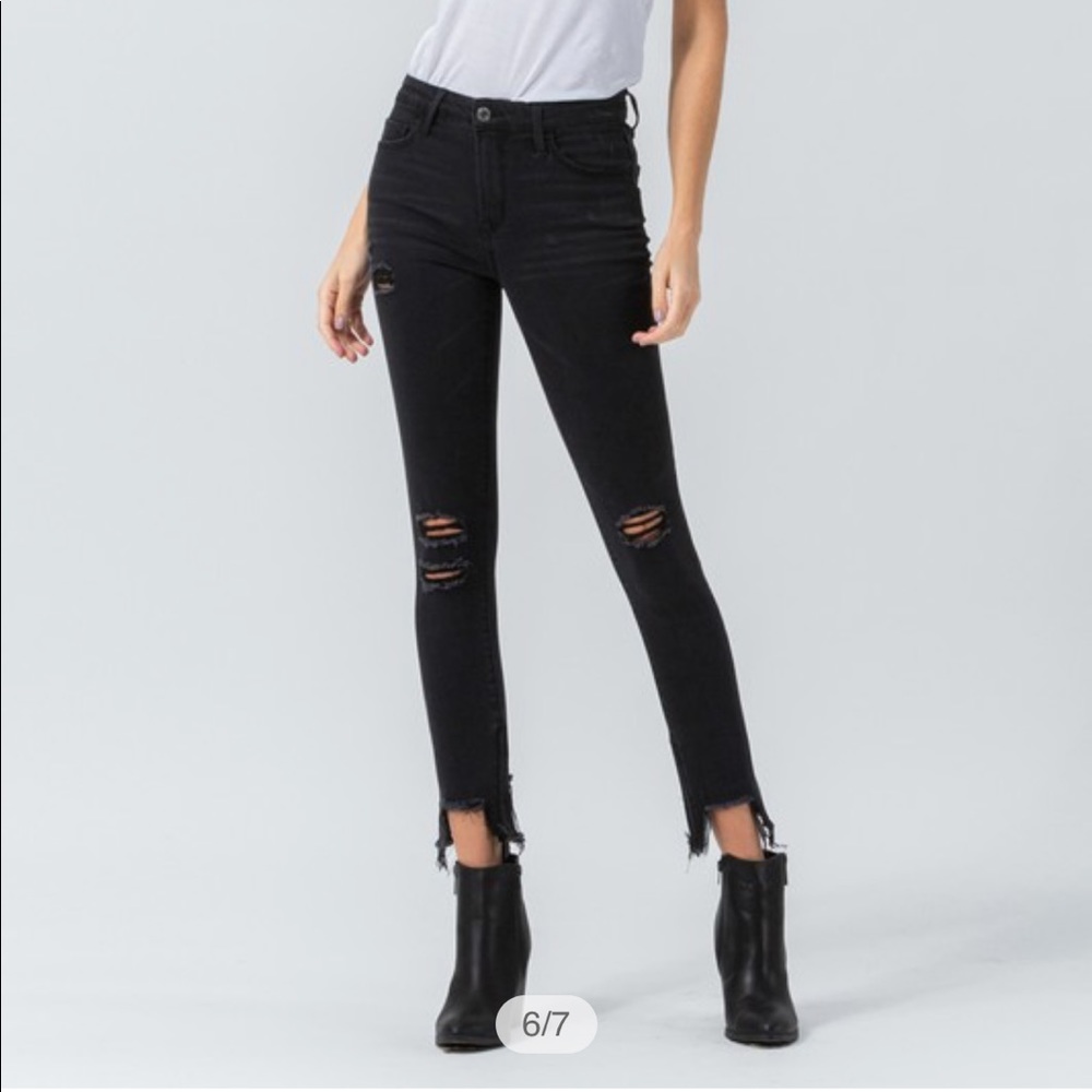 Midrise distressed shark bite skinny black jean - Picture 6 of 7